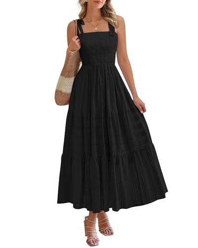 BTFBM Boho Maxi Dress Sleeveless Summer Dresses for Women 2026 Beach Vacation Smocked A Line Casual Sundress Pockets(Black, X-Large)