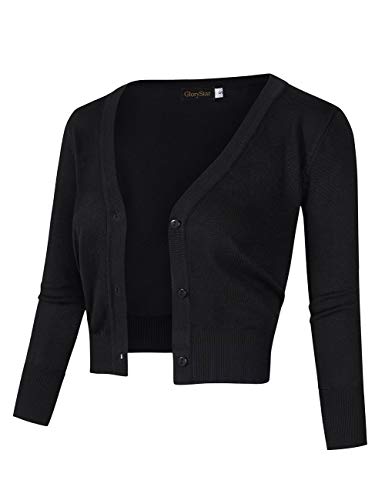 GloryStar Women's Casual Open Front Knit Cropped Bolero Shrug 3/4 Sleeve Cardigan Sweater Black S