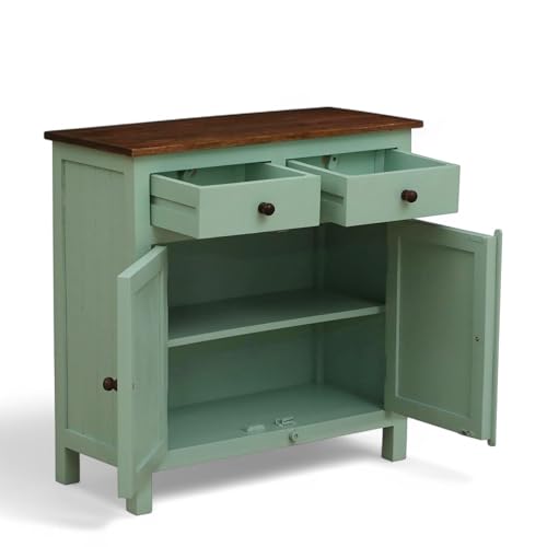 Image of Solid Wood Sideboard Cabinet | 2 Drawers | Scratch-Resistant Tubaq Top with Sage Green Finish | Stylish Storage for Living Room Decor