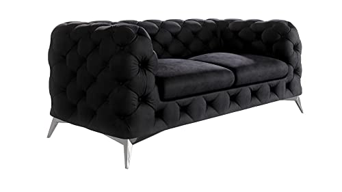 ROVERTI Royal Chesterfield Zwei-Personen Sofa Schwarz, 185 x 73 x 100 cm - verchromte Füße, Couch, freistehend, hochwertige Wellfederung Cover