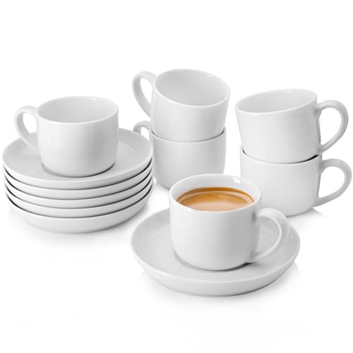 SÄNGER | Tassen Set mit Untertasse Marlo 12 tlg, Kaffeetassen 6 Personen, Porzellan Kaffeeservice Kaffeetasse mit Untertasse, Weiß, 200 ml | PREMIUM COLLECTION