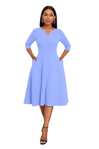 Image of Nmoder Midi Dresses for Women A-Line Fit and Flare Dress 3 /4 Sleeve V Neck Cocktail Wedding Guest Work Dress with Pockets