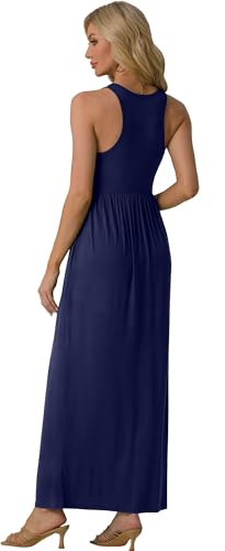 GRECERELLE Women's Summer Sleeveless Casual Long Tank Maxi Dress with Pockets, Navy Blue, M
