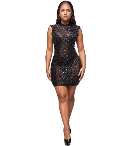 PORRCEY Sexy Elegant Women Rhinestone Mesh See Through Mini Dress Party Club Night Evening Dress (Y1025,Black,S)