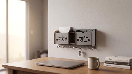 Image of Radhe Radhe Key Holder with 7 Hooks & 3 Compartments | Laser Cut Wall Mounted Mail Organizer, Key Stand & Mobile Holder for Home, Office, Entryway Decor (Matte Black, 22x9x4 cm) (Radhe Radhe)