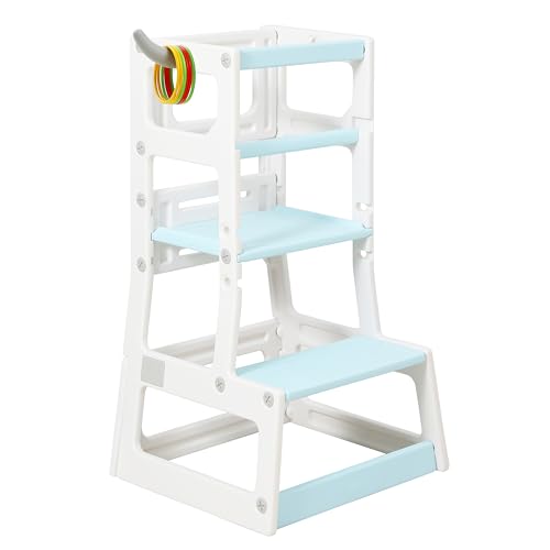 Image of SDADI Adjustable Height Kids Kitchen Step Stool with Removable Safety Rails and Anti-Slip Protection- Toddler Standing Tower with with Ring Toss for Learning and Playing (Beige and Blue)
