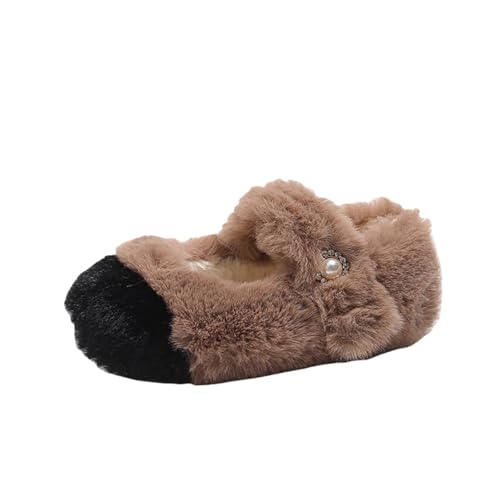 Fur Ballet Flats with Buckle for Girls Comfy Faux Shearling Mary Jane Flat Adjustable Strap Ballerina Dress Shoes