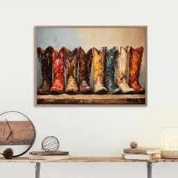Bottes et cowboy à cheval sur cette toile vintage pour un salon style chalet