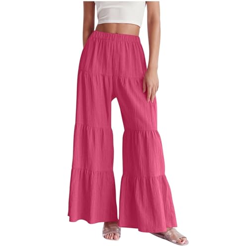 Palazzo Pants for Women Boho Tiered Ruffle Wide Leg Pants Elastic High Waisted Pant Smocked Flowy Beach Trousers