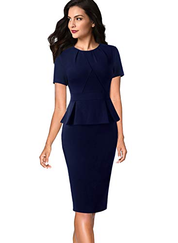 Vfshow Womens Dark Blue Pleated Crew Neck Peplum Work Business Office Church Bodycon Pencil Sheath Dress 3593 Blu M #TOP1
