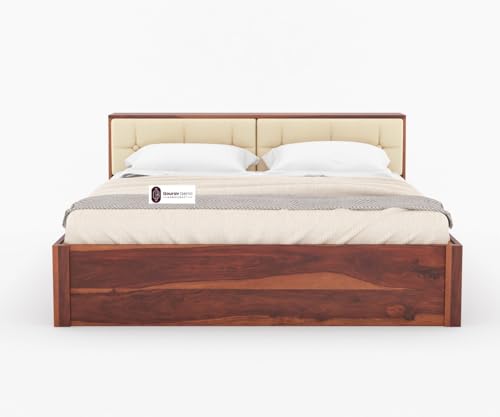 Image of Sheesham Wood King Size Bed with Box Storage and Cream Upholstered Headboard Solid Wooden Double Bed Furniture for Bedroom (Honey, Headboard King 1)