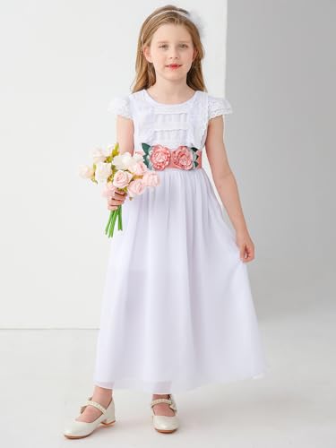 ABAO SISTER First Communion Dress White Gown with Satin Waist Belt Lace Cap Sleeves Pink Floral Sash Flower Girl Dress4