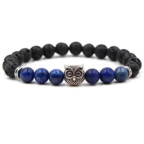 Tolldek Pulsera de piedra natural de 8 mm, colgante de búho para hombre y mujer, pulsera de perlas de piedras naturales auténticas para hombre con piedras preciosas, regalo para mujeres y hombres, 19