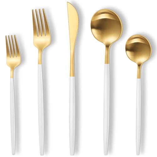 Joincook Matte White Gold Silverware Set,30 Piece Stainless Steel Modern Flatware Set,Brushed Cutlery Set Service for 6,Satin Finish Utensils Set,Home Kitchen and Restaurant,Dishwasher Safe