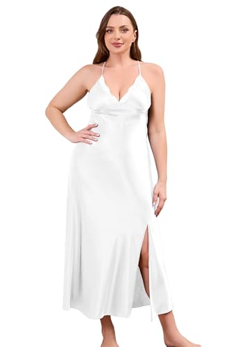 ALCEA ROSEA Plus Size Long Silky Satin Lace Nightgowns Slip for Women Oversized Sleepwear Lingerie Long Sleepdress elegant