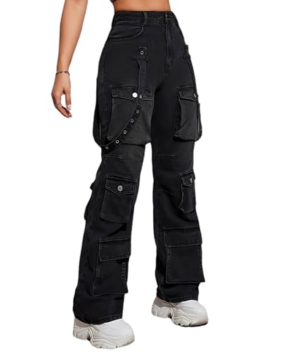 Women's Cargo Jeans High Waisted Flap Pocket Straight Leg Denim Pants Y2K Hip Hop Streetwear Trousers2