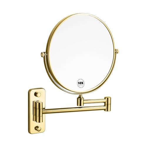 AIREMOEN Gold 1x10x Double Sided Magnifying Bathroom Makeup Mirror 360 Degree Swivel Mirror Adjustable Telescopic Arm Wall Mount 8 Inch Non-Illuminated Beauty Mirror Shaving Mirror(Square Base)