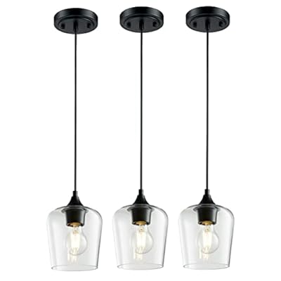 Hamilyeah 3 Light Pendant Lights Kitchen Island Black, Industrial Pendant Light Fixtures Ceiling Hanging Set of 3, Farmhouse Glass Hanging Lights for Kitchen, Living Room
