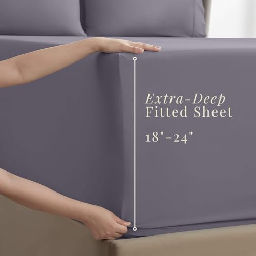 Image of Hearth & Harbor Bed Sheets, Luxury Soft 6 Piece Bed Sheet Set Extra Deep Pocket Fitted Sheets Fits Mattress up to 21 inch, Double Brushed Bedding Sheets & Pillowcases, Queen, Prpulish Gray