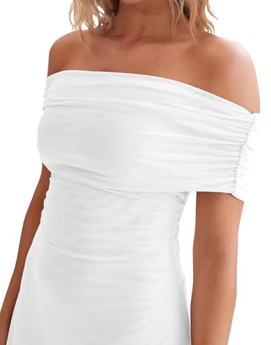 Image of HYPERFIRE Women's Off Shoulder Mesh Mini Dress Short Sleeve Ruched Dresses Cocktail Going Out