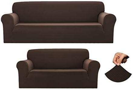 LinenTopia 2-Piece Sofa and Loveseat Slipcovers, Couch Covers Set, Form fit Stretch, Wrinkle Free, Furniture Protector, Sofa Covers for Living Room, Diamond Pattern Polyester Spandex (Coffee)
