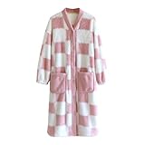 Women's Checkerboard Plush Nightgown Fuzzy Fleece Mid-Long Sleepdress Loose Button Up Warm Winter Bathrobe with Pockets