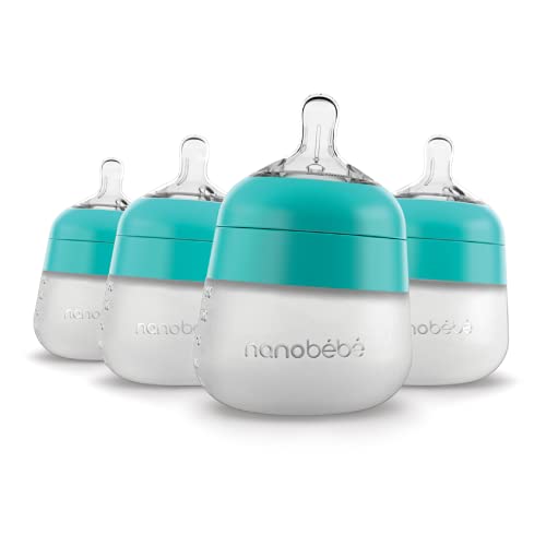 Image of Nanobébé Flexy Silicone Baby Bottle, Anti-Colic, Natural Feel, Non-Collapsing Nipple, Non-Tip Stable Base, Easy to Clean 4-Pack, Teal, 5 oz