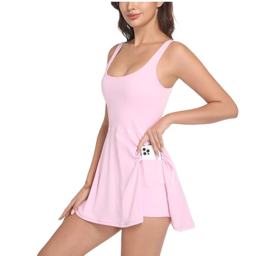 Womens Tennis Dress Built in Shorts & Bra Athletic Golf Active Workout Dress with Pockets3