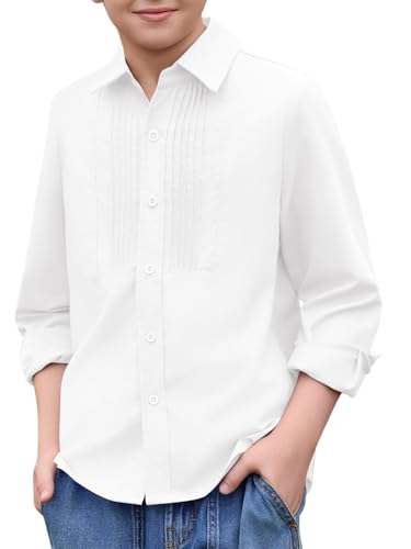 Haloumoning Boys Pleated Front Long Sleeve Dress Shirts Kids Button Down School Uniform Shirt 5-14 Years