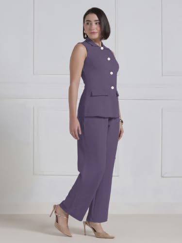 Image of Selvia Beige Lycra Textured Co-ord Set for Women, Button Front Waist Top and Trouser Pant