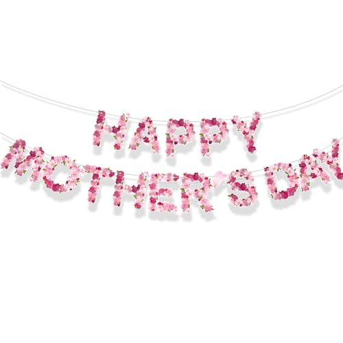 BETESSIN Guirlande Happy Mother's Day Bannière en Papier Décoration Suspendue pour Fête des Mères Motif Fleurs
