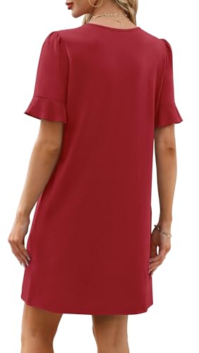 Image of OFEEFAN Summer Dresses for Women Ruffle Short Sleeve V Neck Casual Shift Dress with Pockets