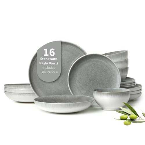 Image of Pokini 16 Piece Double Bowl Dinnerware Sets, Stain Resistant Dish Set with Pasta Bowls, Easy Cleaning Dishes, Multi-Functional Plate and Bowl, Stack Compactly Plate Set, Service for 4