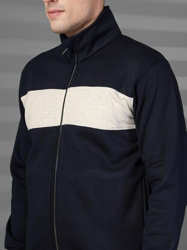 Image of CHKOKKO Mens High Neck Winter Tracksuit Full Zip Jacket with Elastic Waist Lower Warm and Soft Activewear Set for Gym Running and Casual Use NavyEcru L
