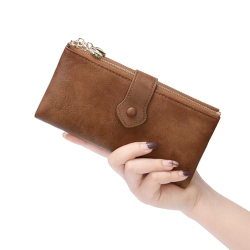 Image of GOIACII Wallet for Women Ladies Wallets Double Zippers Clutch Purse Brown | Bifold Ladies Card Holder,Zipper Pockets,Ladies Wallets,Vintage Wallets for Women