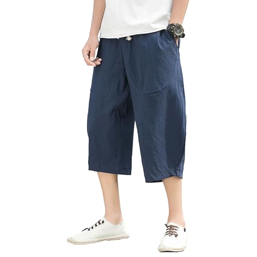 Shorts casuales de algodón y lino para hombre 3/4 miniatura 1