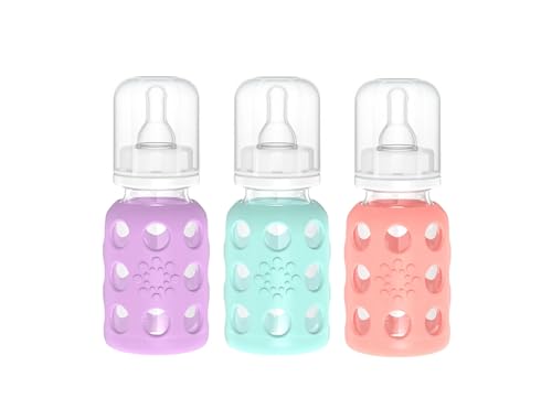Image of Lifefactory Glass Baby Bottles with Silicone Protection - 3-Pack, 4 Ounce Bottles, (1- Lavender, 1- Mint & 1- Cantaloupe)