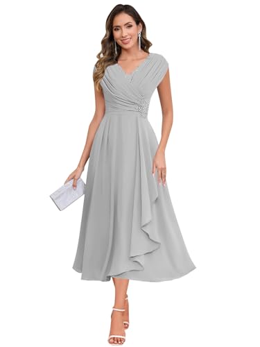 Image of SOLODISH Mother of the Bride Dresses for Wedding Tea Length Chiffon A Line Formal Wedding Guest Party Gown