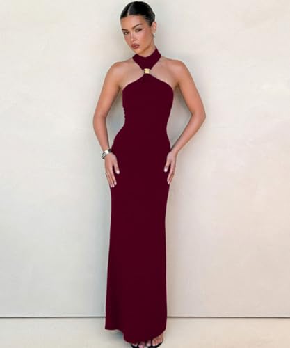 Image of ABINGOO Women Sexy Halter High Neck Maxi Dress Sleeveless Back Slit Elegant Party Cocktail Wedding Guest Formal Long Dresses