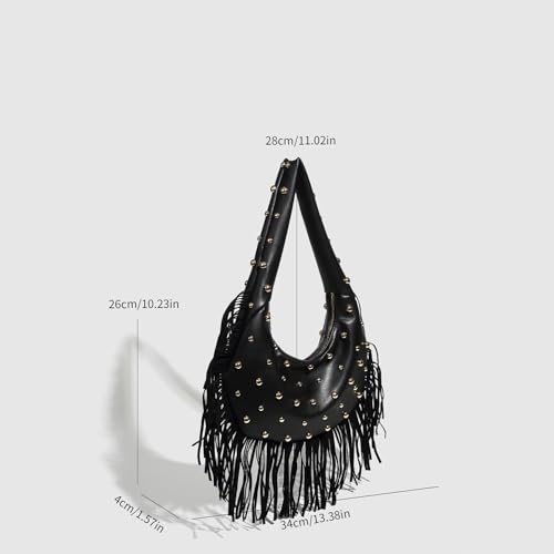 Womens Vintage Hobo Bag Genuine Leather Crossbody Purse with Fringe Studded Design Casual Shoulder Bag for Daily Use2