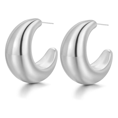 Sora Tuki Silver Chunky Hoop Earring, 1.22inch Diameter, 925 Silver Posts, Hypoallergenic, Packed in Organza Bag Cover