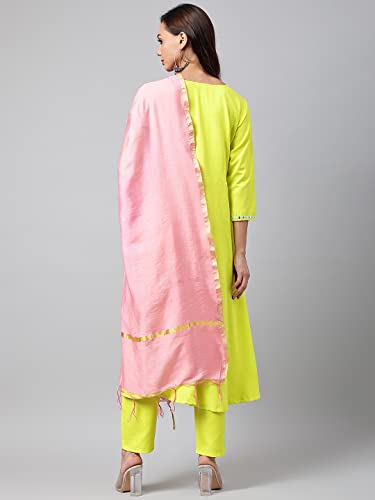 Image of ANNI DESIGNER Women's Cotton Blend Embroidered Anarkali Kurta with Palazzo & Dupatta (Darwaja)