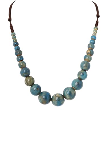 MINACHI Blue Ceramic Round Bead Necklace, Retro Boho Long Necklace for Women