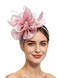 SAFERIN Fascinator for Women Hair Clip Hat Bowler Feather Flower Veil Wedding Party Tea Hat（TA2-Pink）