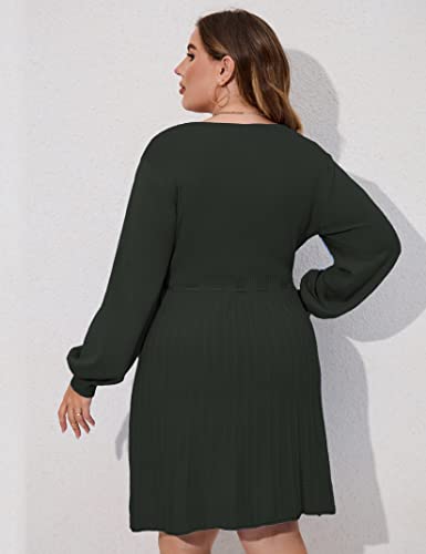 Image of Women's Plus Size Casual Sweater Dress Square Neck Long Lantern Sleeve Tie Waist Loose Pullover Sweater Dresses