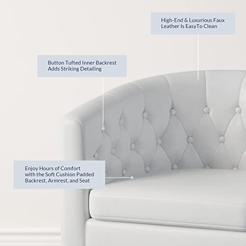 Image of BELLEZE White Accent Chairs for Living Room, Set of 2 Elegant Arm Chairs, Upholstered Tufted Barrel Chairs Club Chairs for Bedroom with Sturdy Legs and Faux Leather - Berlinda (White)