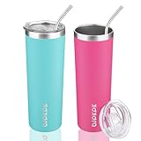 BJPKPK 2 Pack 20oz Skinny Tumblers with Lid Insulated Travel Coffee Cup Stainless Steel Thermal Mug,Turquoise,Pink
