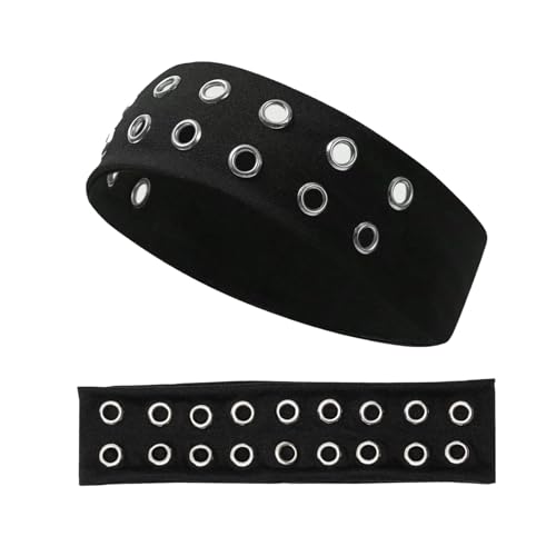 Wouputy Grommet Headband Women Hollow Out Eyelets Elastic Hairband Punk Style Rivets Headbands Y2K Grunge Fashion Wide Head band Stretchy Casual Hair Accessories for Women Black
