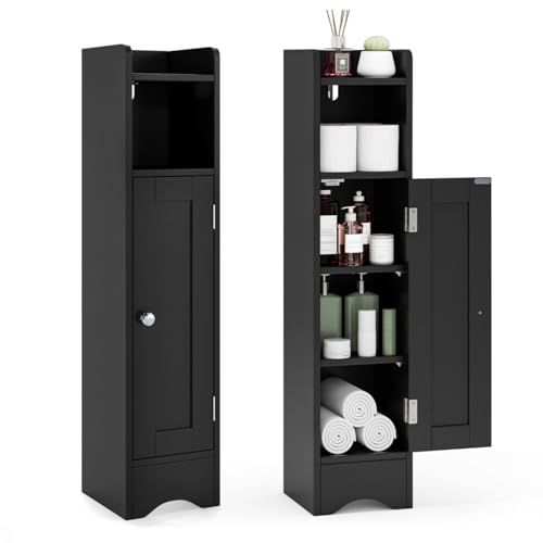 LIFEZEAL Armario de Baño Pequeño, Independiente con Puerta, Armario Estrecho para Baño con Estantes Ajustables, Armario de Suelo para Espacios Pequeños (Negro)