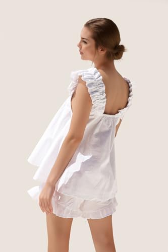 Image of Womens Summer 2 Piece Set Fashion Ruffle Trim Cami and Casual Shorts Set Cotton Pajama Sets White